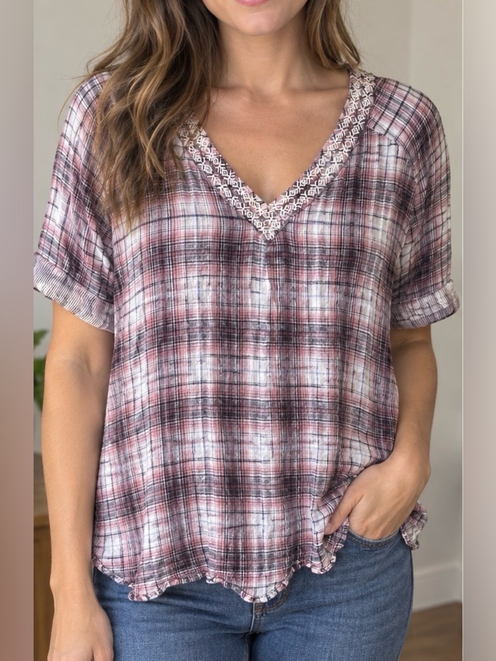Sundance Women’s Small Embroidered Western Plaid Short Sleeve Viscose Top Blouse